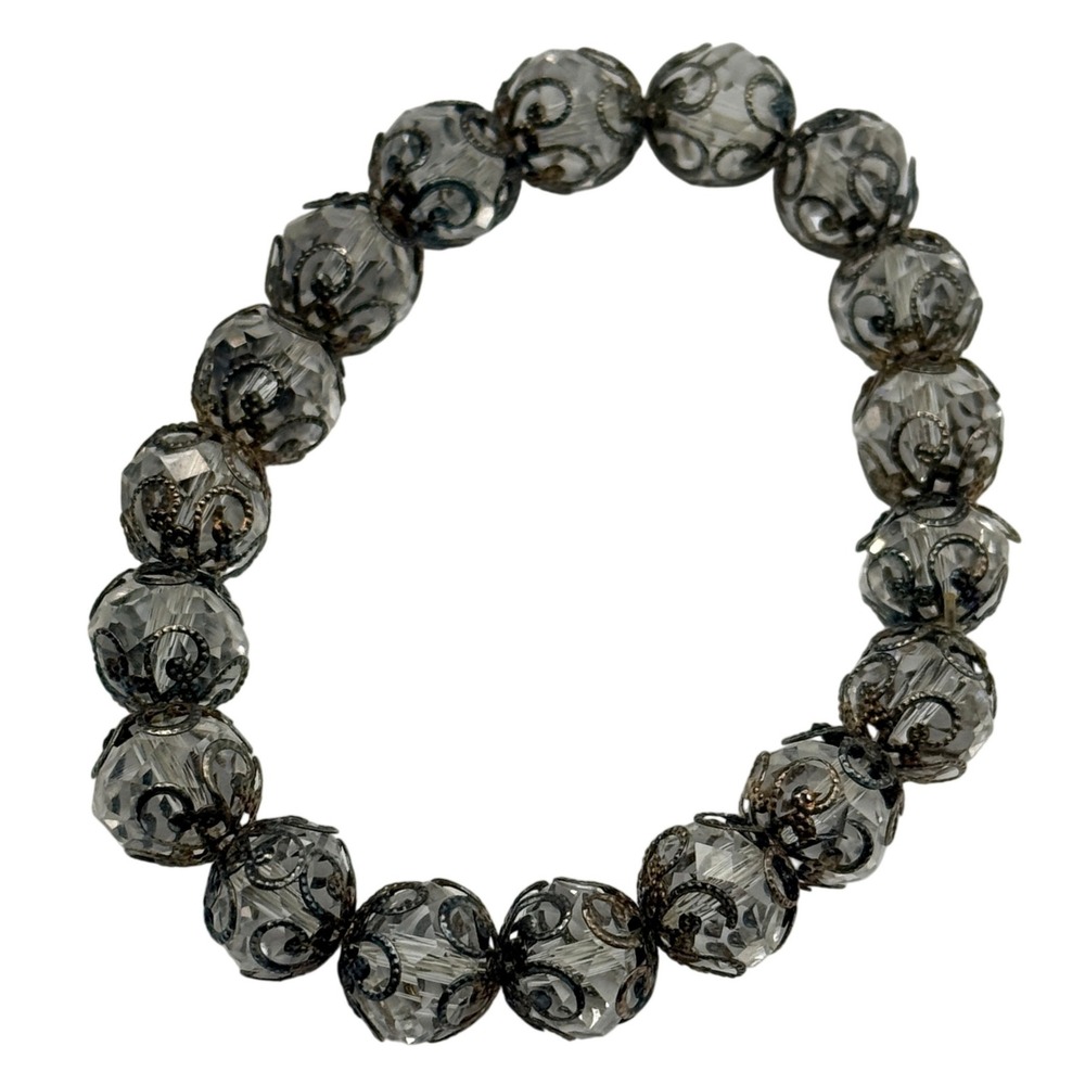 Vintage Filigree Crystal Bead Stretch Bracelet Ornate Silver Tone Clear Women